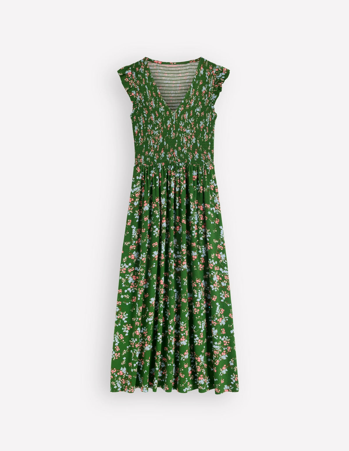 Smocked Jersey Midi Dress-Promenade Green, Bloom Scatter