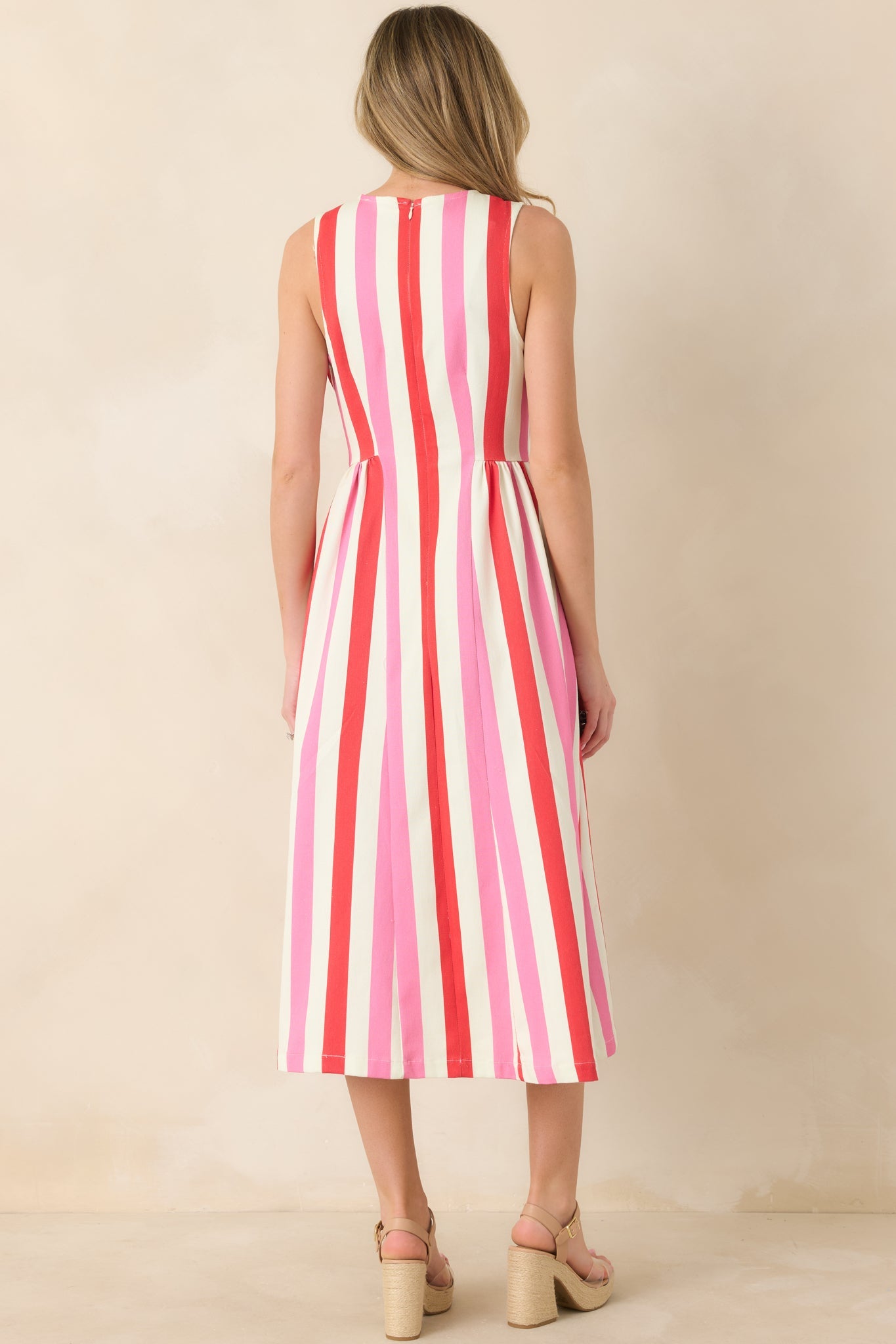 All the Energy Pink Multi Stripe Cotton Sleeveless Midi Dress