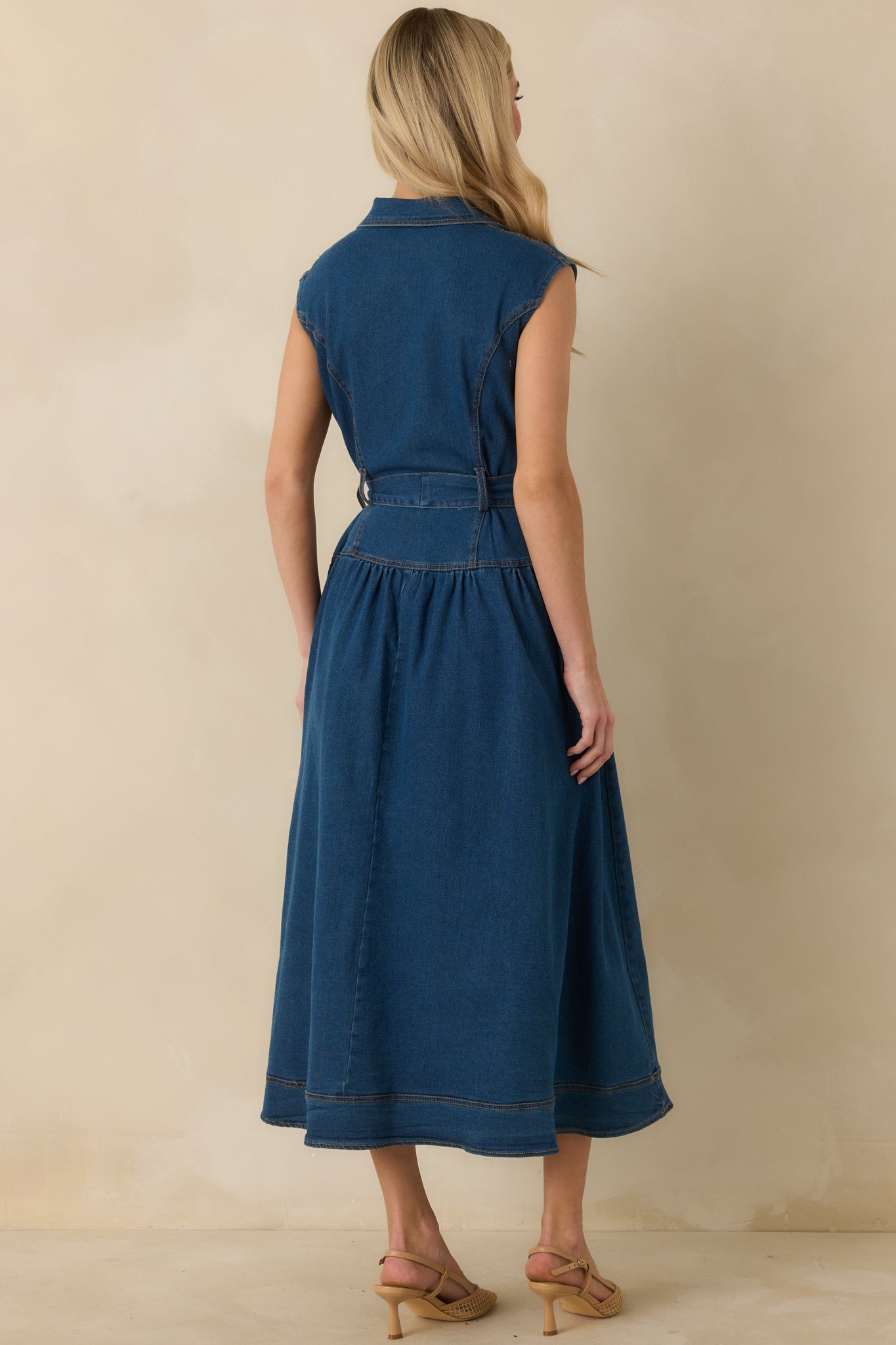 I'm All In Dark Wash Denim Tie-Belt Midi Dress