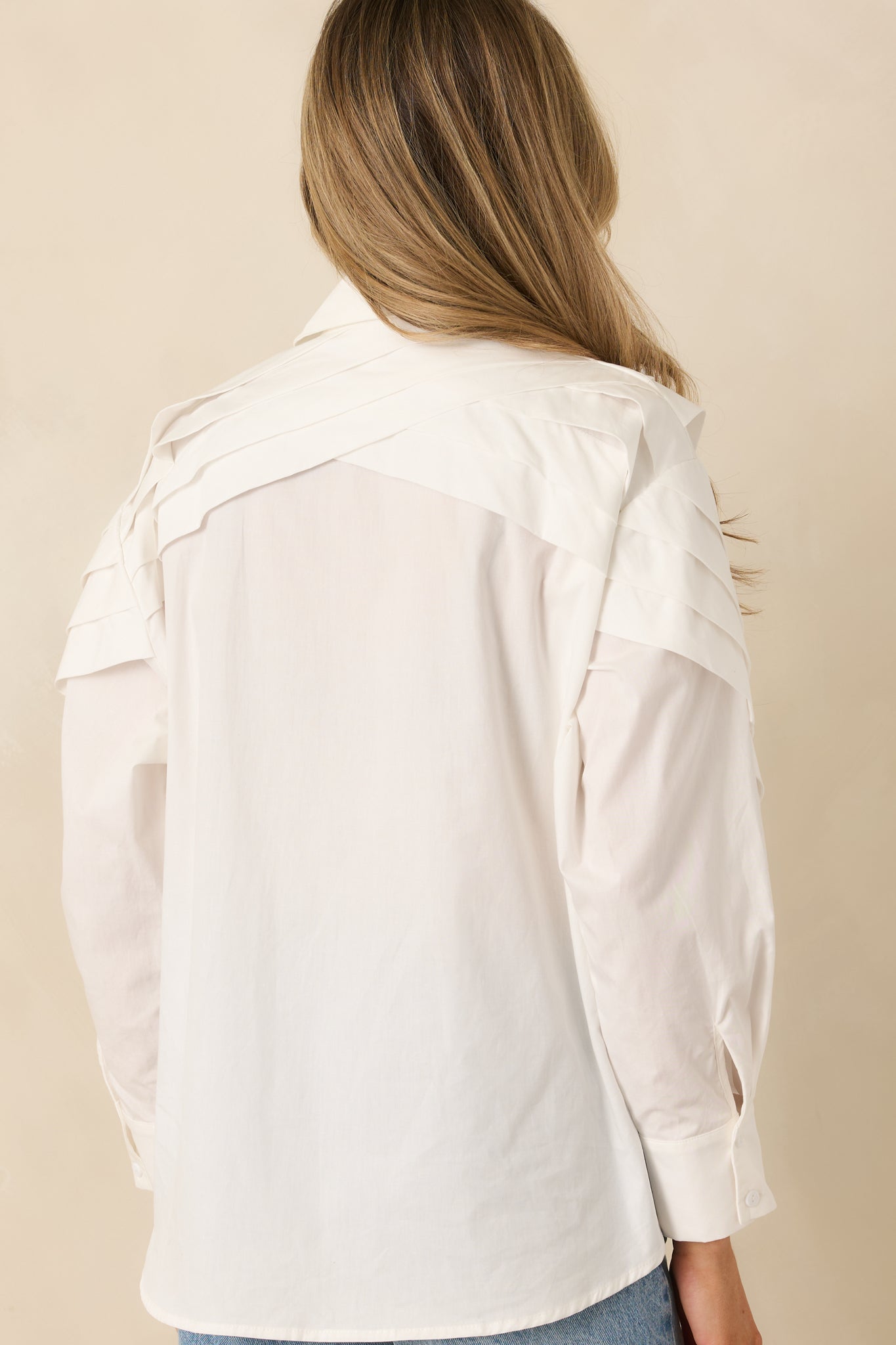 From Every Angle White Cotton Pleated Shoulder Button-Up Blouse