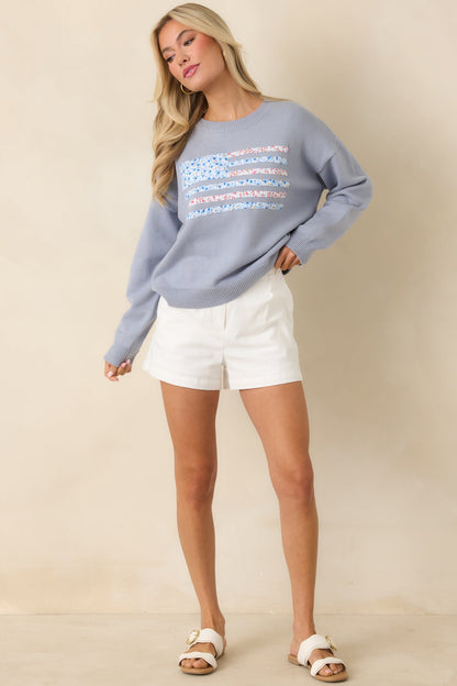 Stitched in Freedom Dusty Blue Floral Patchwork Flag Knit Sweater