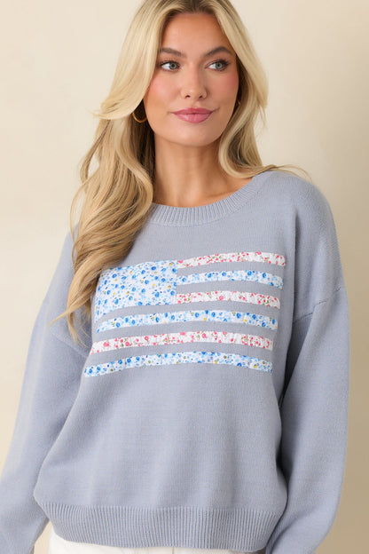 Stitched in Freedom Dusty Blue Floral Patchwork Flag Knit Sweater