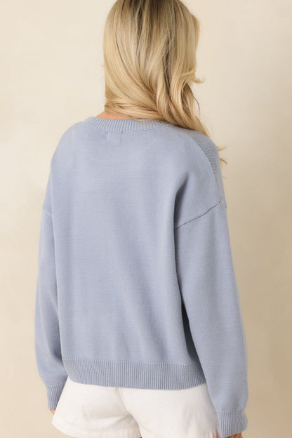 Stitched in Freedom Dusty Blue Floral Patchwork Flag Knit Sweater