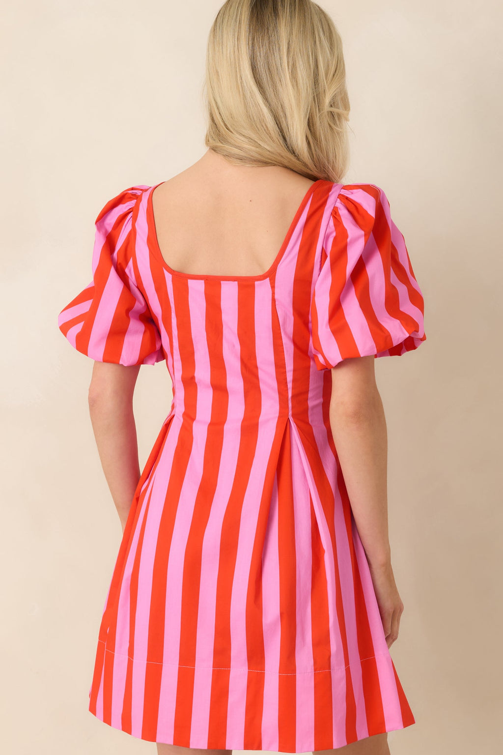 Stripe It Lucky Red & Pink Cotton Puff Sleeve Mini Dress