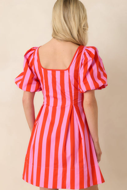 Stripe It Lucky Red & Pink Cotton Puff Sleeve Mini Dress