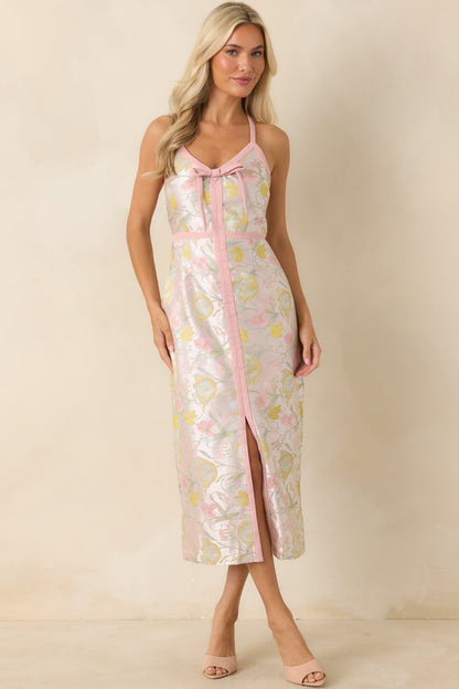 Pinkies Up Pink Shimmer Floral Jacquard Midi Dress