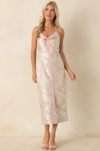 Pinkies Up Pink Shimmer Floral Jacquard Midi Dress