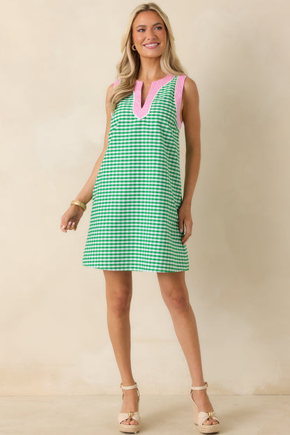 Cherry Cola Charm Green Gingham Cotton Mini Dress