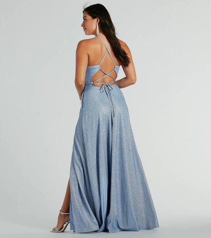Mary Lace Up A-Line Glitter Formal Dress With Pockets