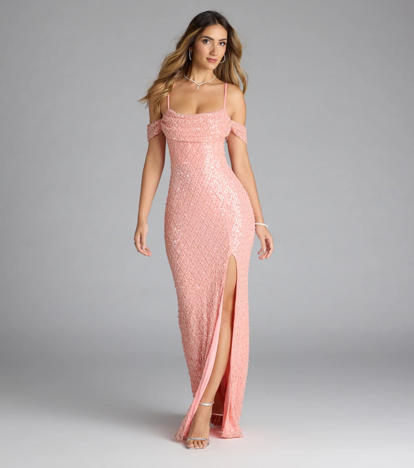 Sophina Cold Shoulder Pearl Beaded Sequin Formal Dress