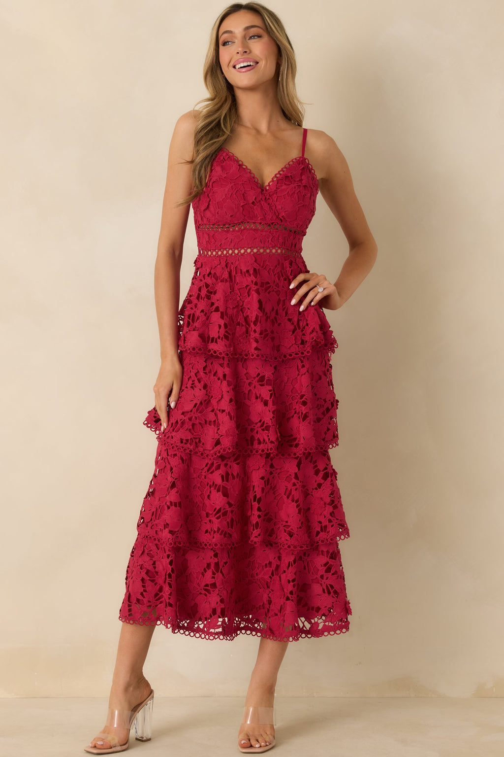 Got My Attention Red Floral Guipure Lace Tiered Maxi Dress
