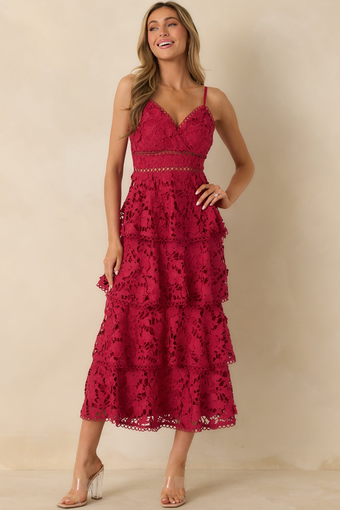 Got My Attention Red Floral Guipure Lace Tiered Maxi Dress