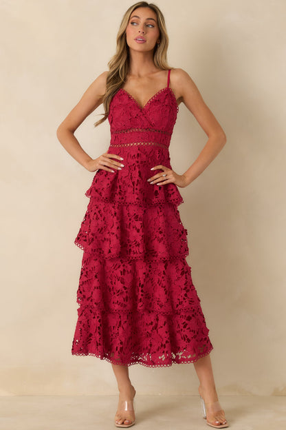 Got My Attention Red Floral Guipure Lace Tiered Maxi Dress