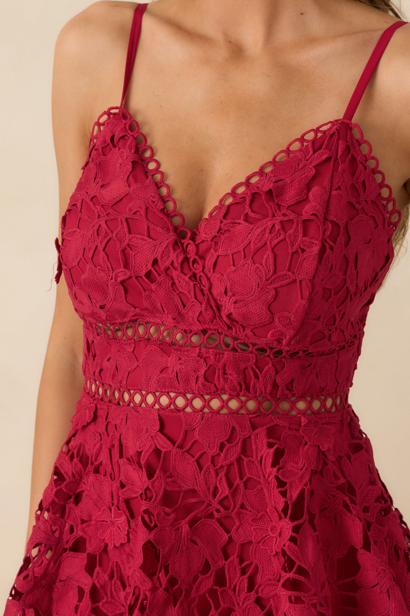 Got My Attention Red Floral Guipure Lace Tiered Maxi Dress