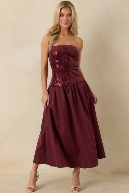 Sips & Sparkles Wine Red Sequin Strapless Midi Dress