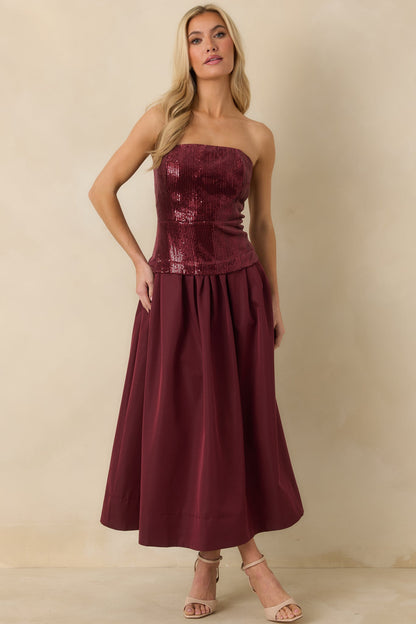 Sips & Sparkles Wine Red Sequin Strapless Midi Dress
