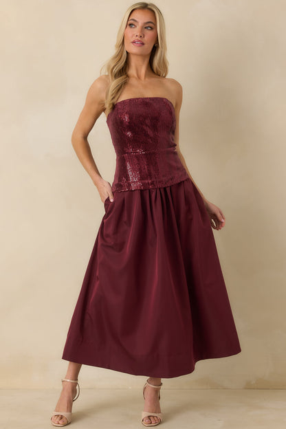 Sips & Sparkles Wine Red Sequin Strapless Midi Dress