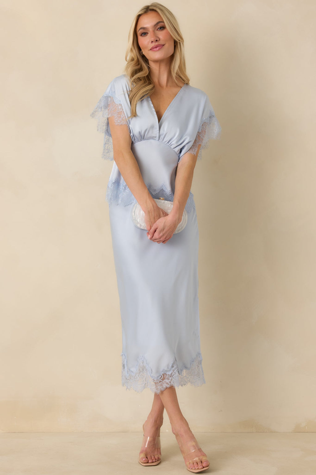 A Serendipitous Moment Powder Blue Lace Trim V-Neck Blouse