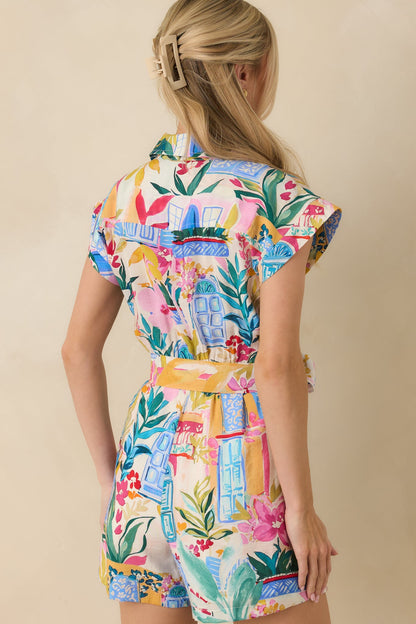 Walk To The Beach Blue Multi Tropical Print Romper