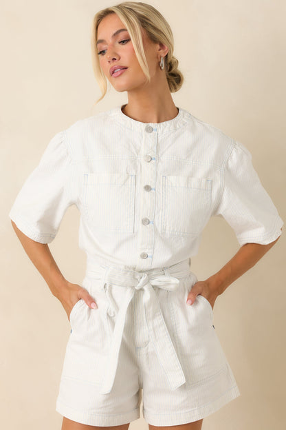 FRNCH Sirena Ivory & Sky Blue Stripe Playsuit