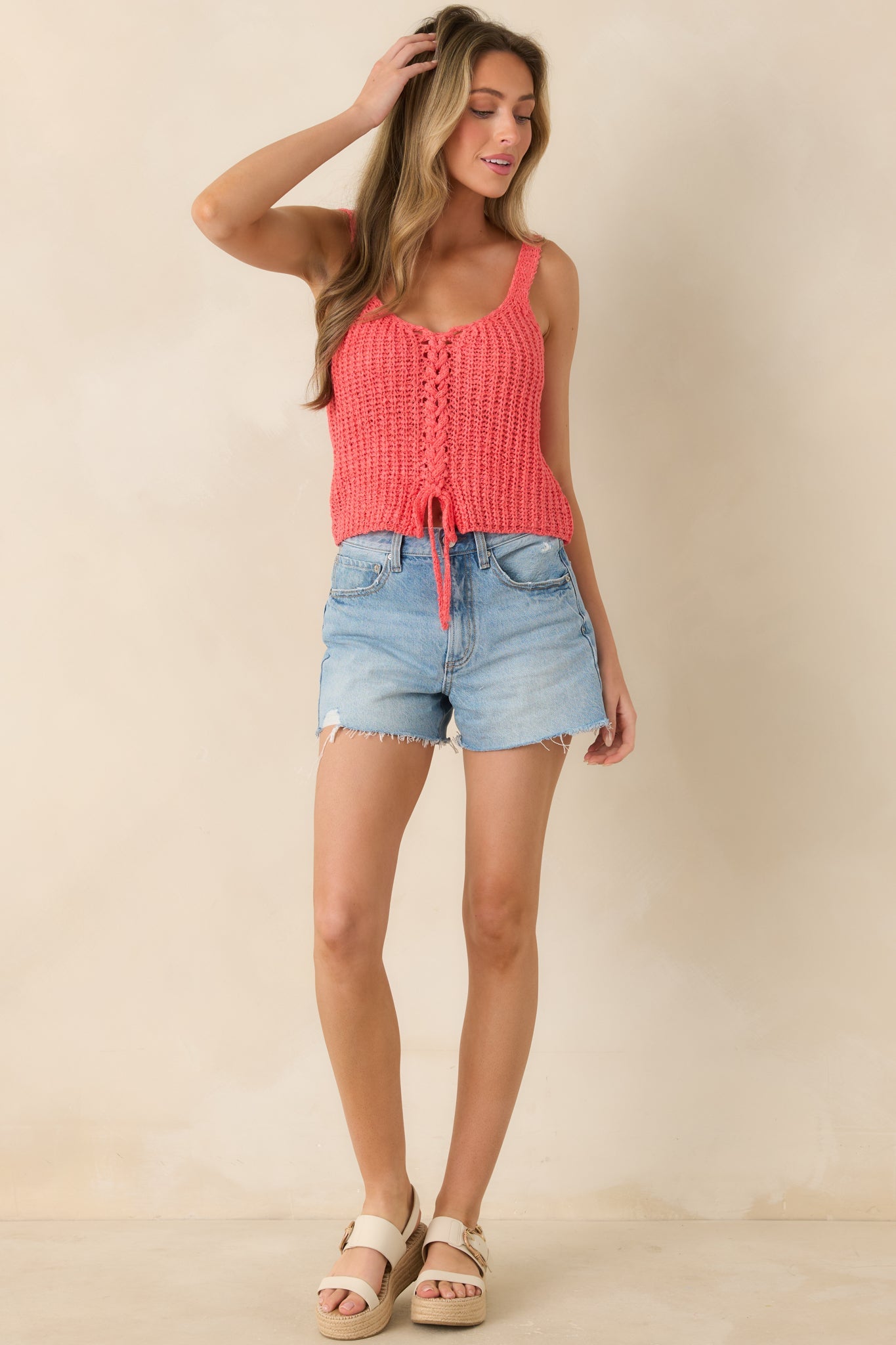 Z Supply Tate Coral Pink Lace-Up Sweater Tank Top