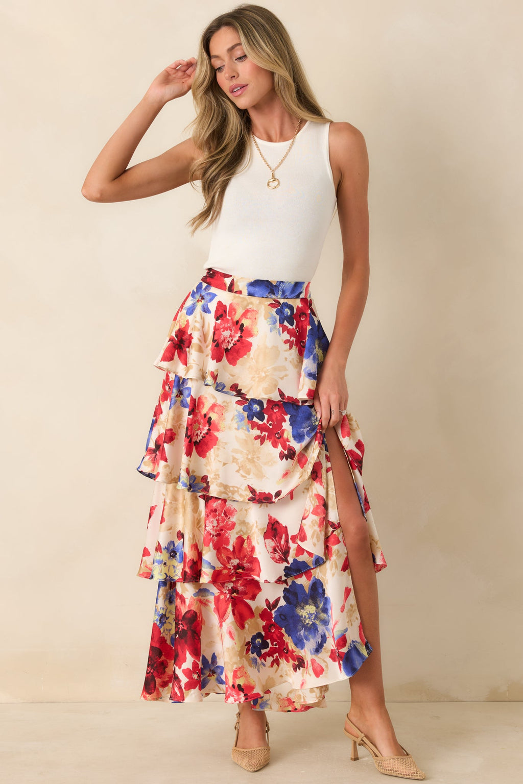 Flourish and Flow Ivory & Red Multi Floral Print Tiered Maxi Skirt