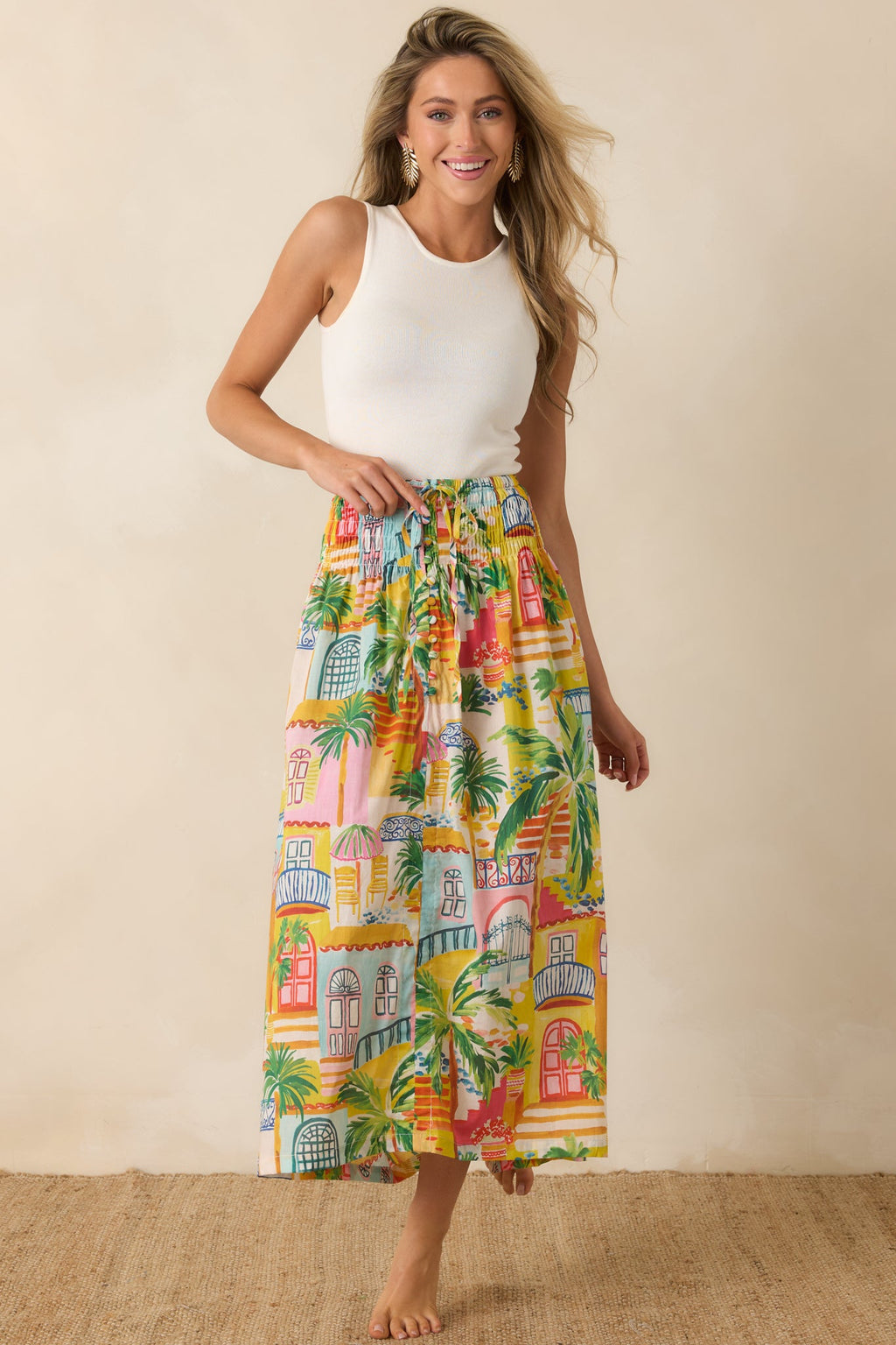 Paradisa Lucia Multi Coastal Village Print Cotton Maxi Skirt
