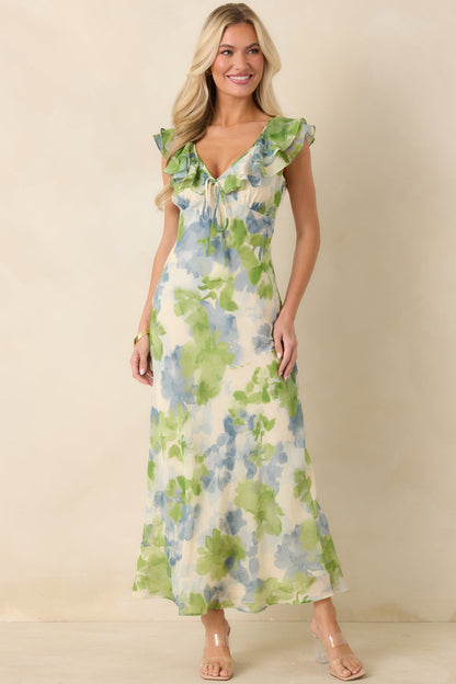 MINKPINK Carrie Blue & Green Watercolor Floral Ruffled Midi Dress