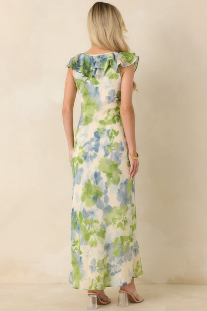 MINKPINK Carrie Blue & Green Watercolor Floral Ruffled Midi Dress