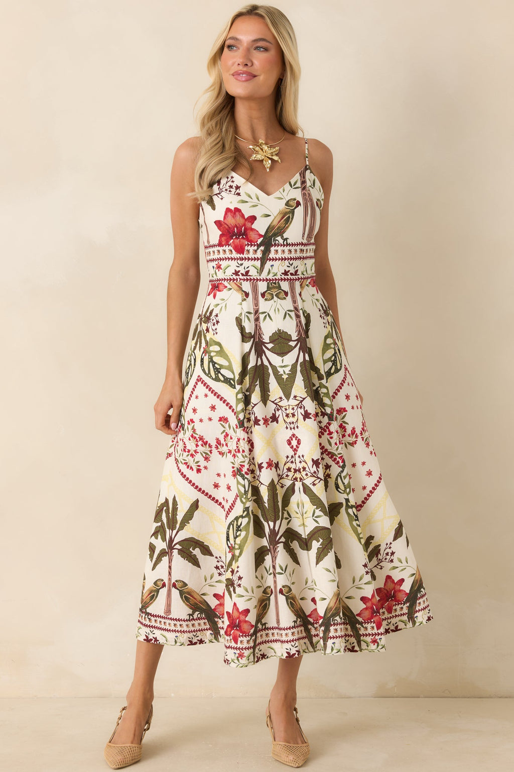 Aylaya Luna Deep Red & Moss Green Multi Tropical Print Maxi Dress