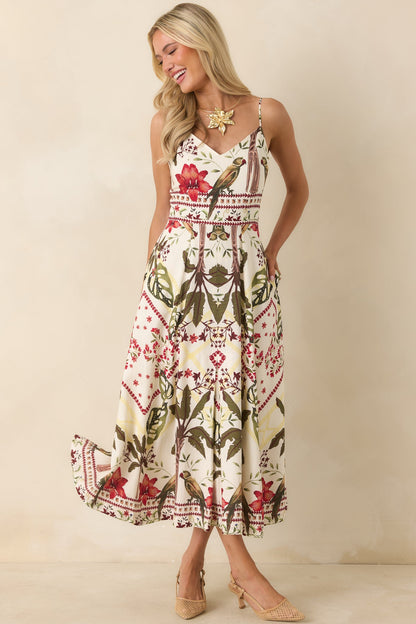 Aylaya Luna Deep Red & Moss Green Multi Tropical Print Maxi Dress