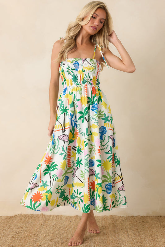 Paradisa Havana White Multi Cotton Coastal Resort Print Midi Dress