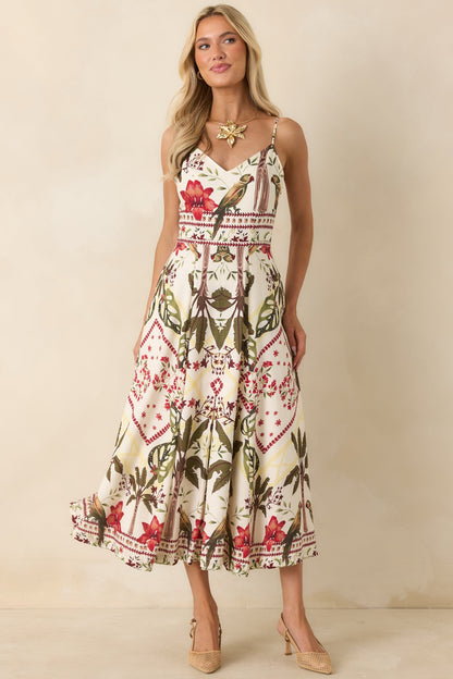 Aylaya Luna Deep Red & Moss Green Multi Tropical Print Maxi Dress