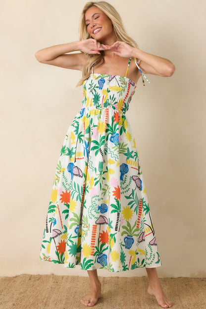Paradisa Havana White Multi Cotton Coastal Resort Print Midi Dress