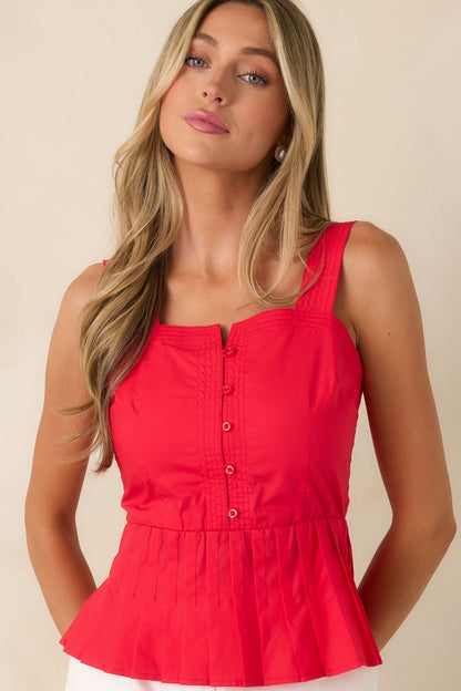You Noticed Red Cotton Pleated Sleeveless Peplum Top