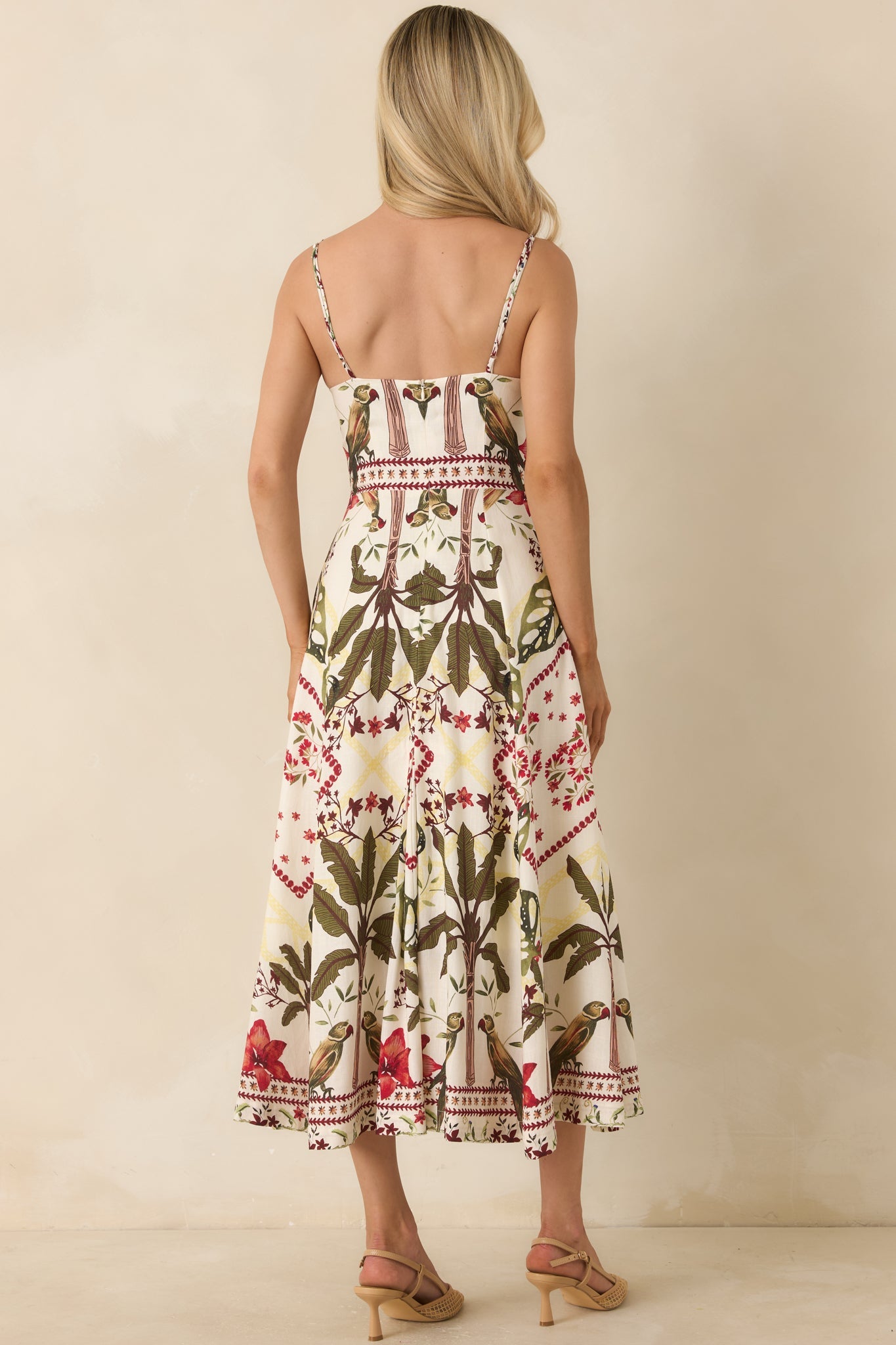 Aylaya Luna Deep Red & Moss Green Multi Tropical Print Maxi Dress