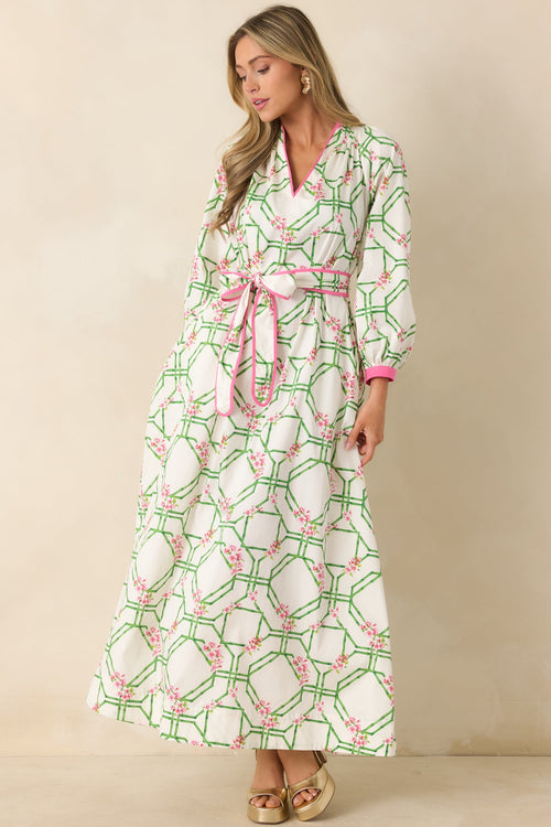 Prosperina Corinne White Multi Floral Trellis Cotton Maxi Dress