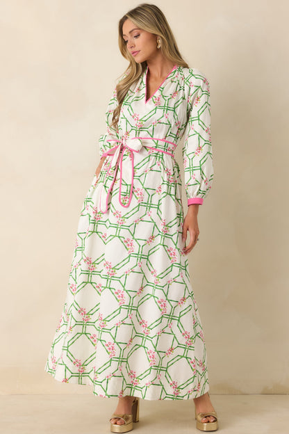 Prosperina Corinne White Multi Floral Trellis Cotton Maxi Dress