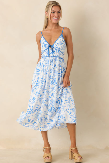 Drifting With The Wind Blue Tropical Print Midi Dress