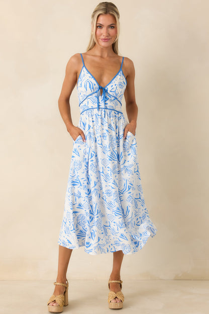 Drifting With The Wind Blue Tropical Print Midi Dress