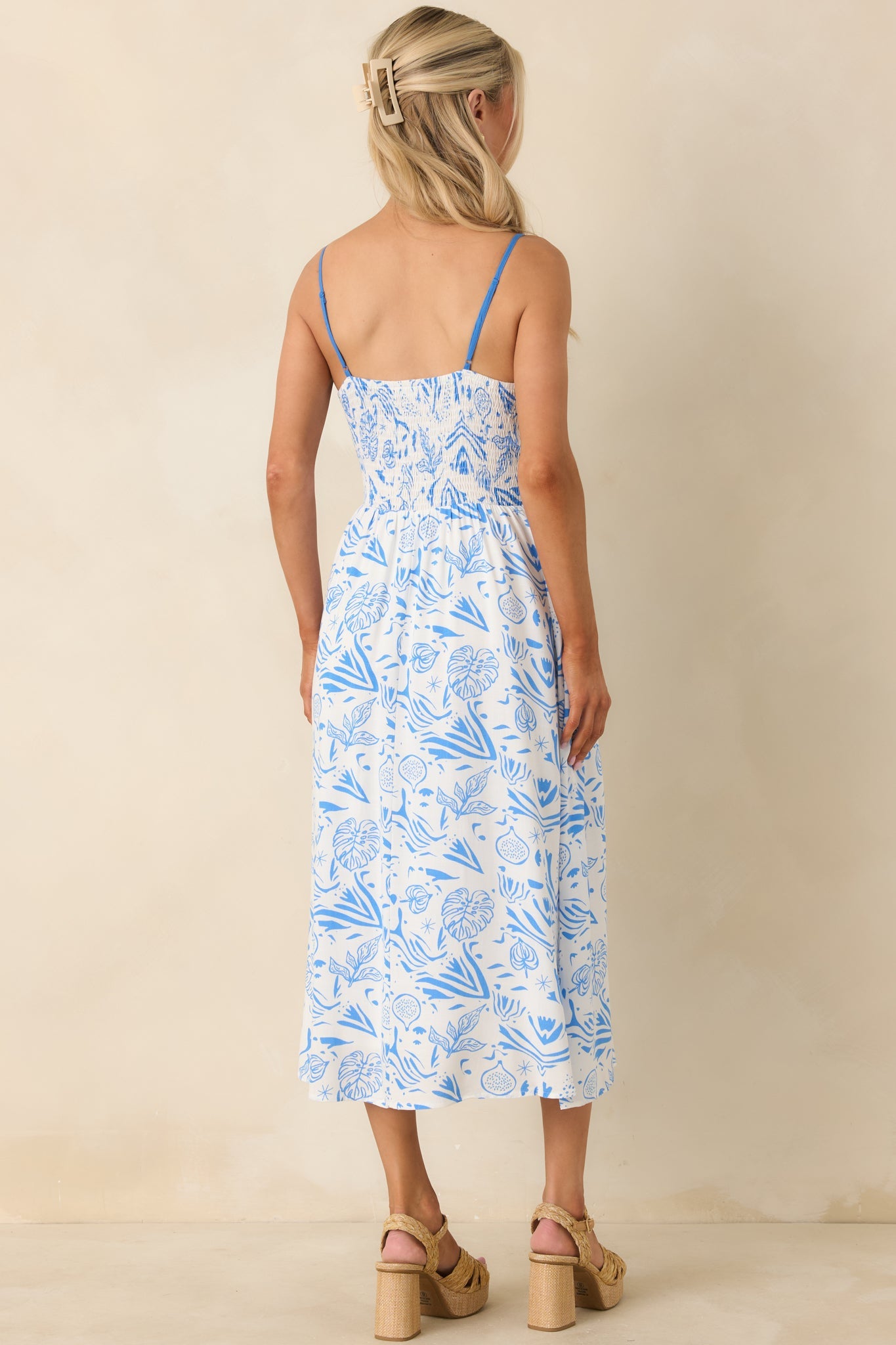 Drifting With The Wind Blue Tropical Print Midi Dress