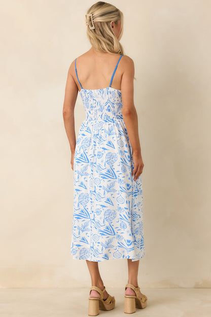 Drifting With The Wind Blue Tropical Print Midi Dress