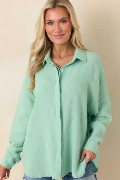 Paradisa Naples Seaglass Green Cotton Button-Up Top