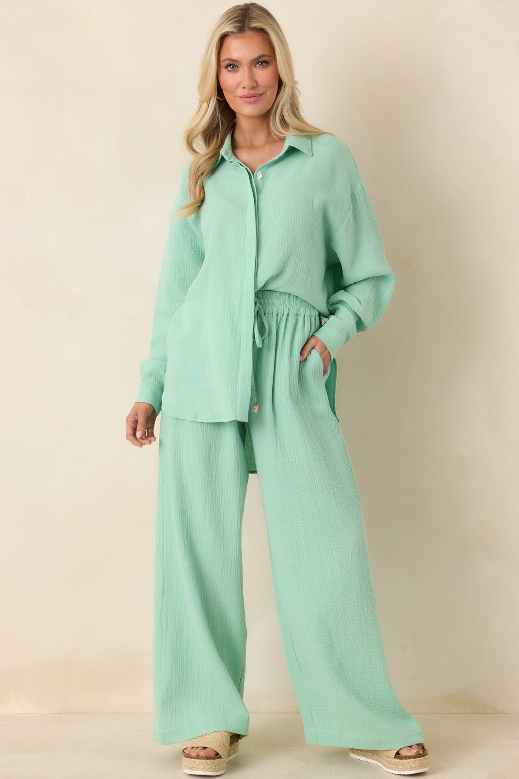 Paradisa Naples Seaglass Green Cotton Button-Up Top