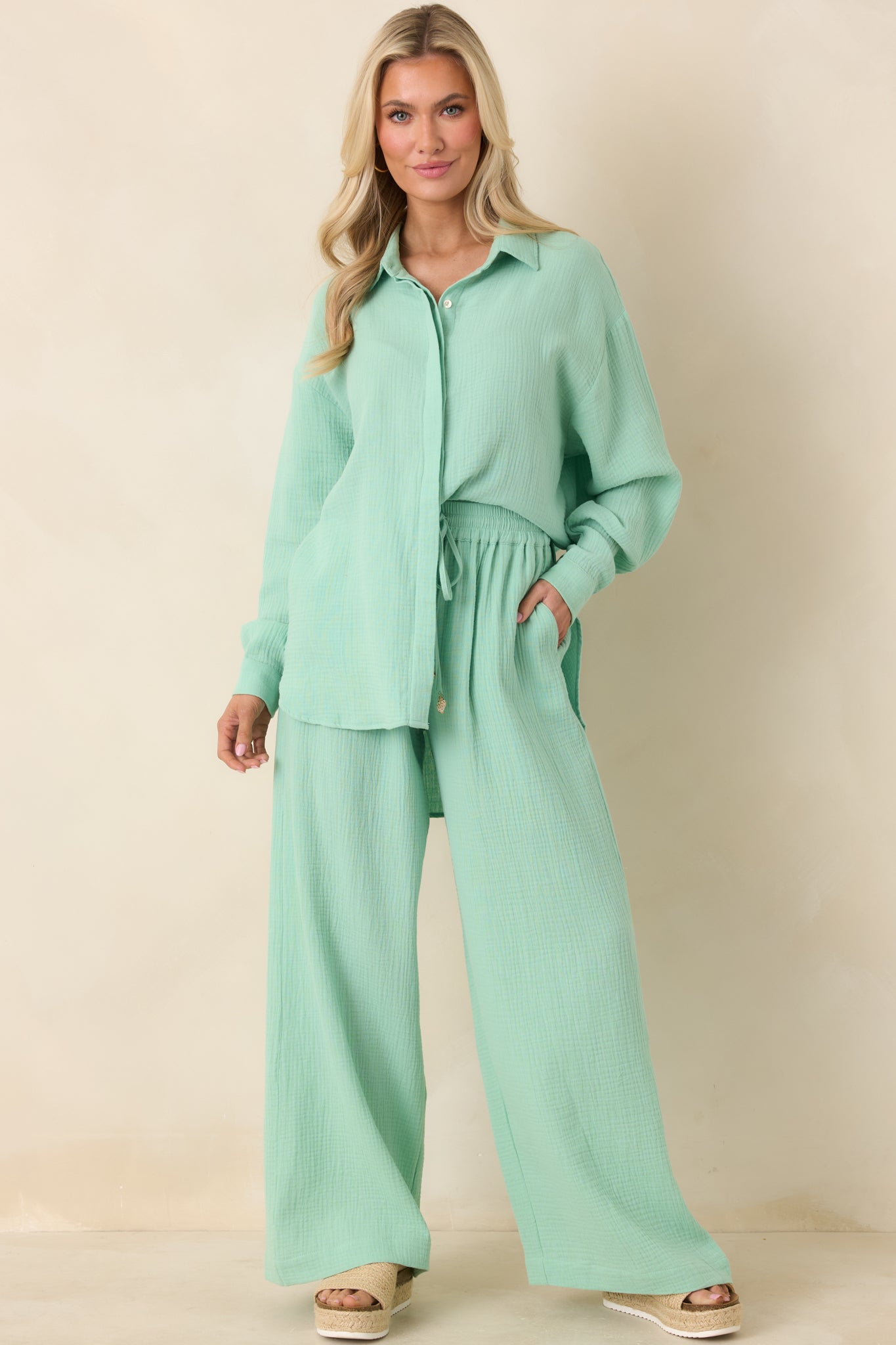 Paradisa Naples Seaglass Green Cotton Button-Up Top