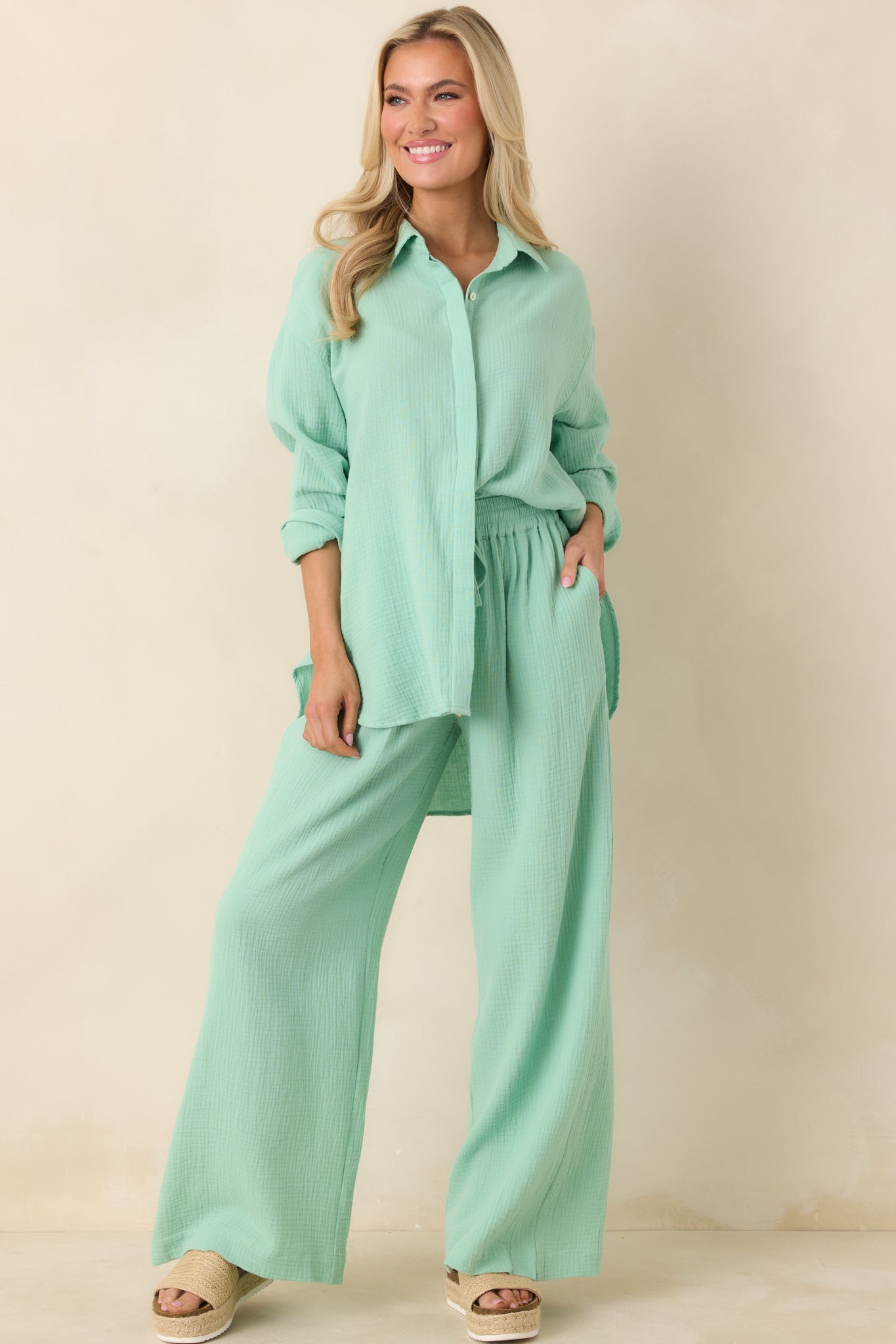 Paradisa Naples Seaglass Green Cotton Button-Up Top
