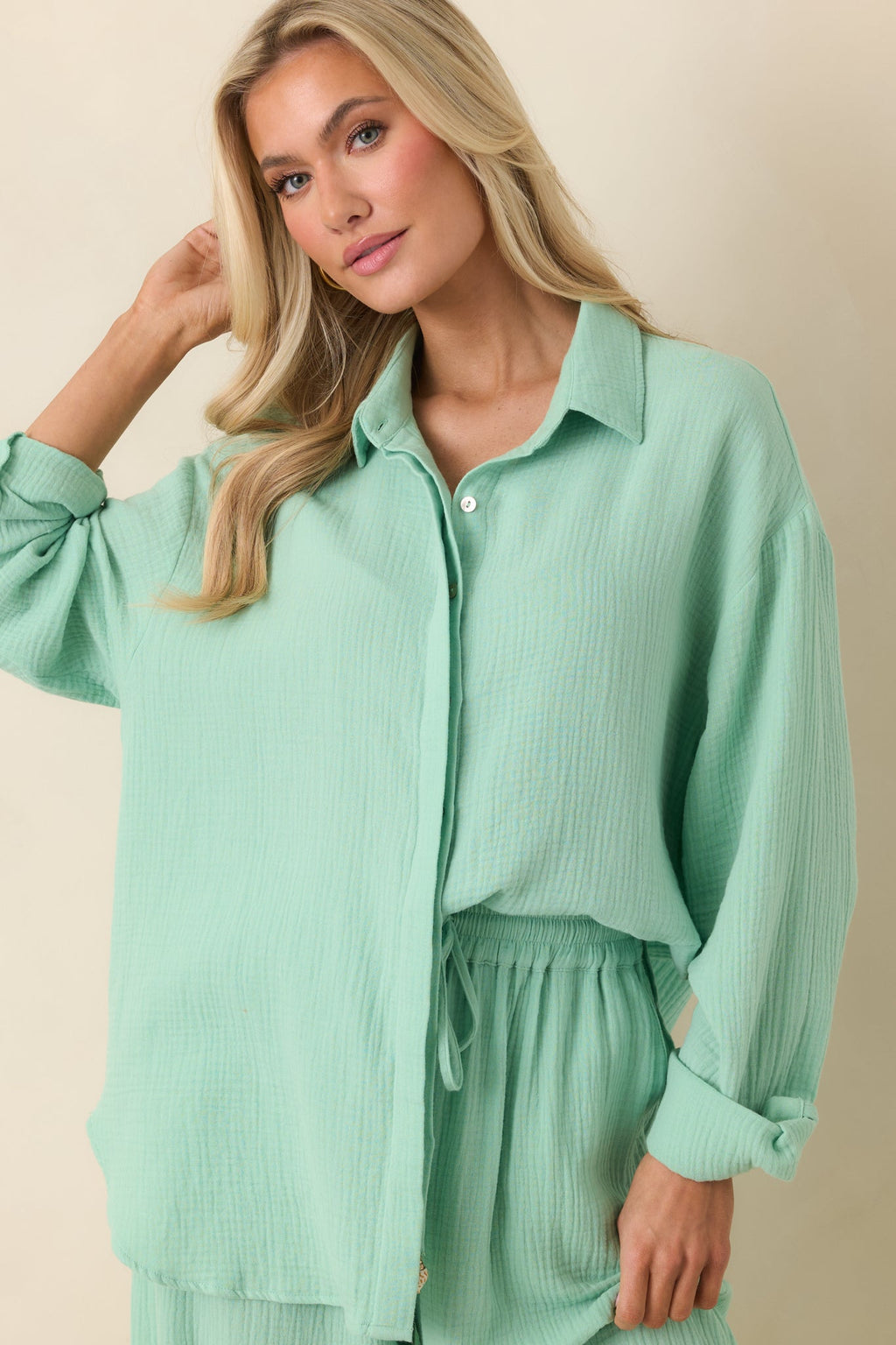 Paradisa Naples Seaglass Green Cotton Button-Up Top