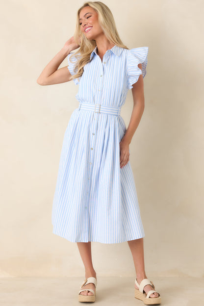 Simple Statement Sky Blue and White Stripe Button Front Midi Dress