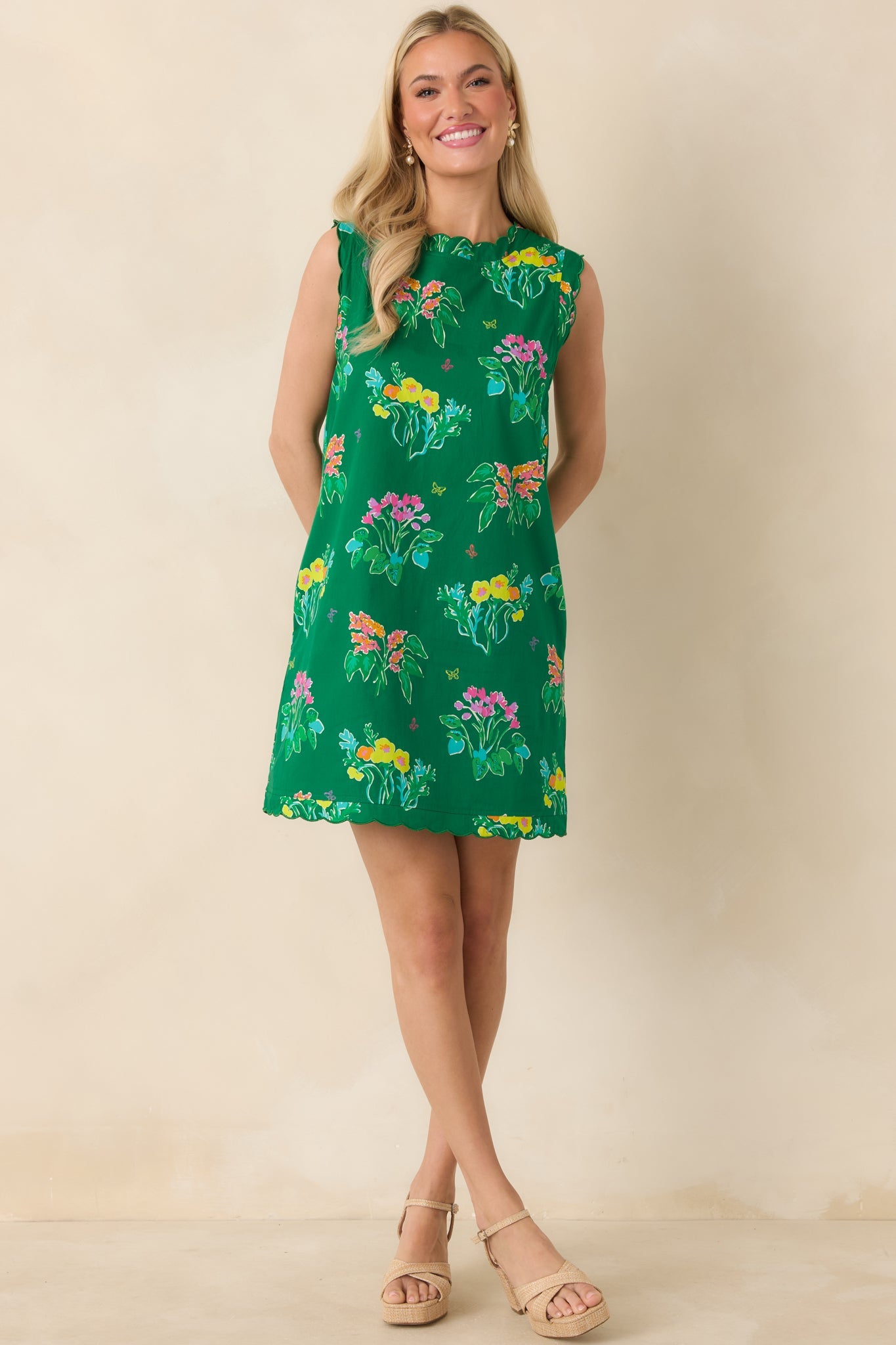 Exclusive: Prosperina Nellie Green Multi Floral Cotton Sleeveless Mini Dress