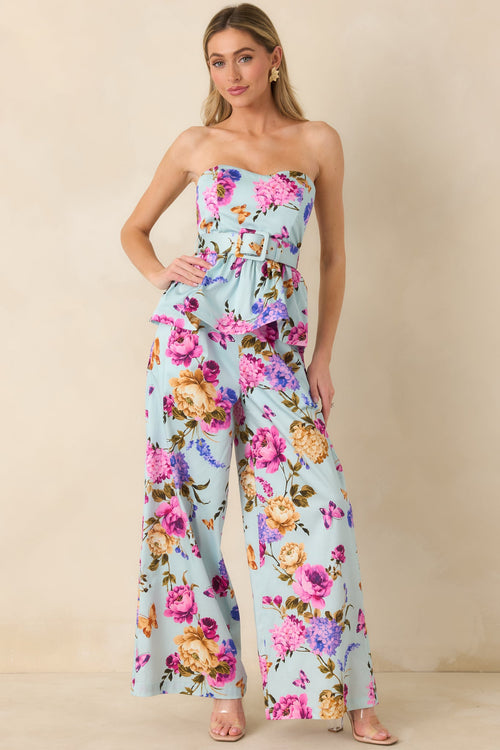 Prosperina Jamie Blue Multi Floral Cotton Strapless Peplum Top